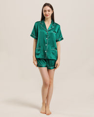 Button Up Silk Short Pajama Set Dark Green