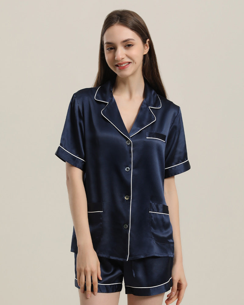 Button Up Silk Short Pajama Set Navy