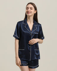 Button Up Silk Short Pajama Set Navy