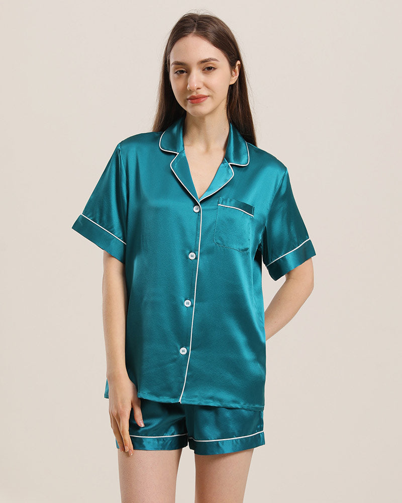 Button Up Silk Short Pajama Set Peacock Blue