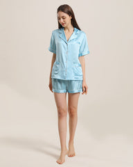Button Up Silk Short Pajama Set Sky Blue
