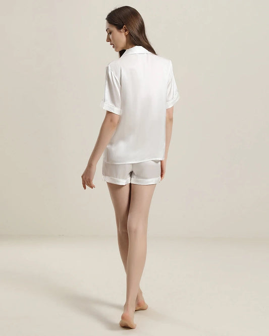 Button Up Silk Short Pajama Set White