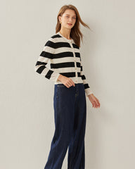 Button Up Wool Striped Knit Crew neck Cardigan