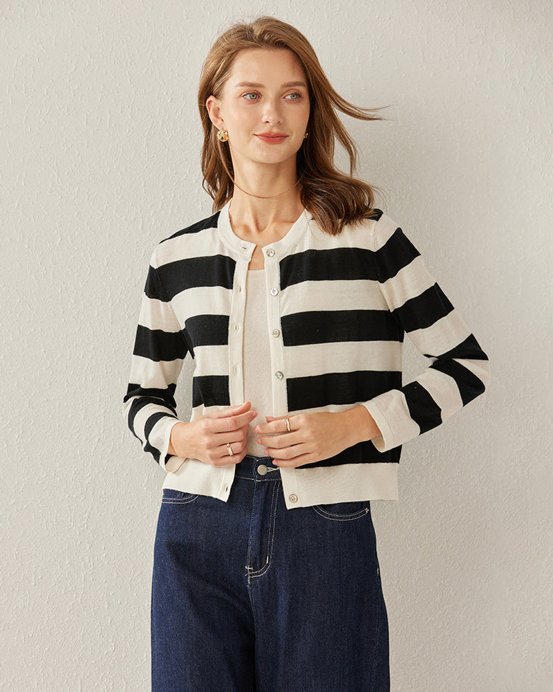Button Up Wool Striped Knit Crew neck Cardigan