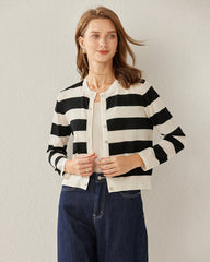 Button Up Wool Striped Knit Crew neck Cardigan