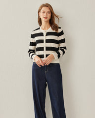 Button Up Wool Striped Knit Crew neck Cardigan