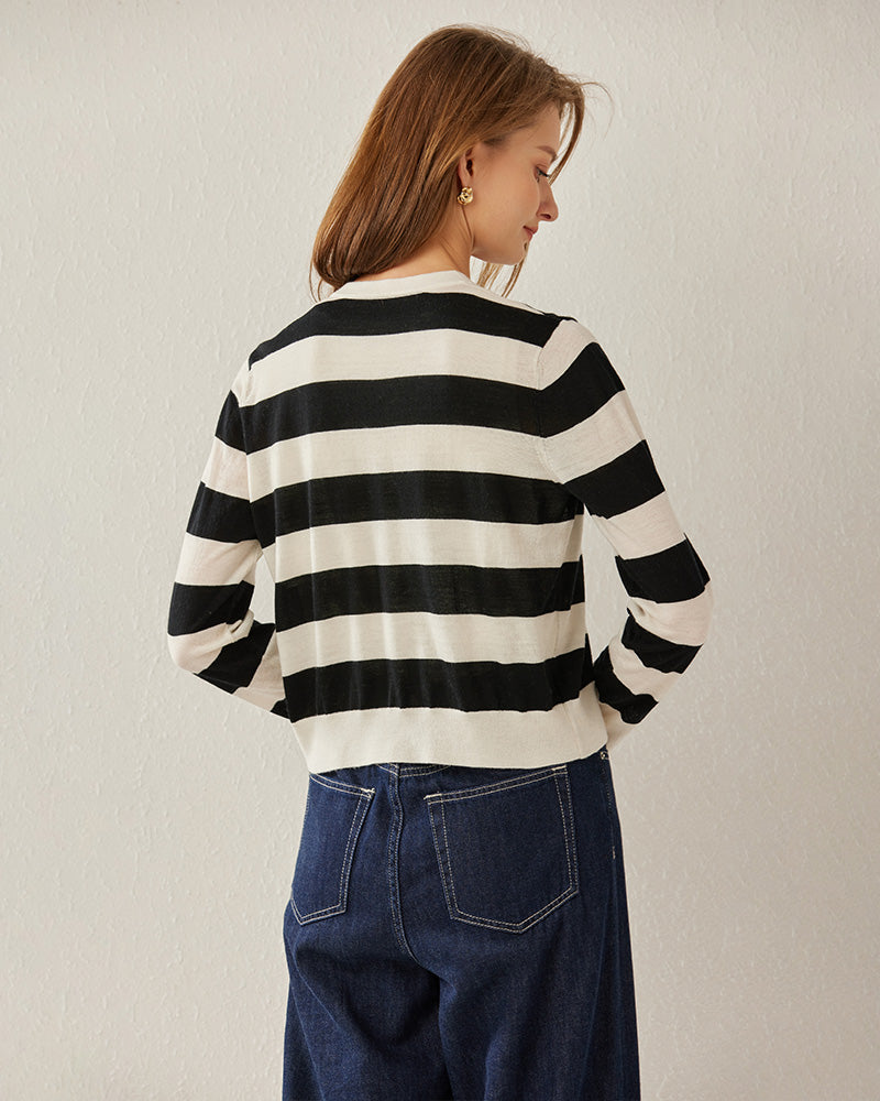 Button Up Wool Striped Knit Crew neck Cardigan