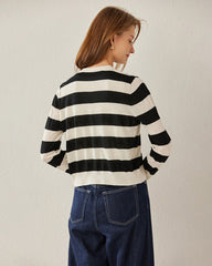 Button Up Wool Striped Knit Crew neck Cardigan