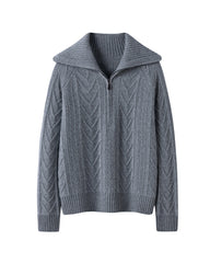 Cable Knit Half Zip Cashmere Sweater with Collar