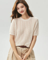 Cashmere Silk Cable Knit Short Sleeve Top