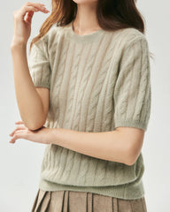 Cashmere Silk Cable Knit Short Sleeve Top