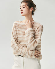 Cashmere Silk Open Knit Striped Boat Neck Sweater