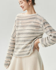 Cashmere Silk Open Knit Striped Boat Neck Sweater