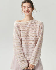 Cashmere Silk Open Knit Striped Boat Neck Sweater