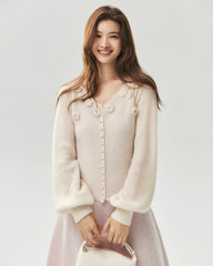 Cashmere Silk Ribbed V-Neck Floral Cardigan