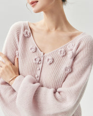 Cashmere Silk Ribbed V-Neck Floral Cardigan