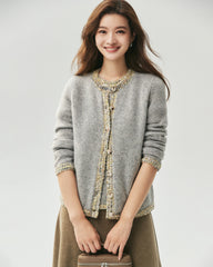 Cashmere Silk Tweed Trim Knit Top and Cardigan