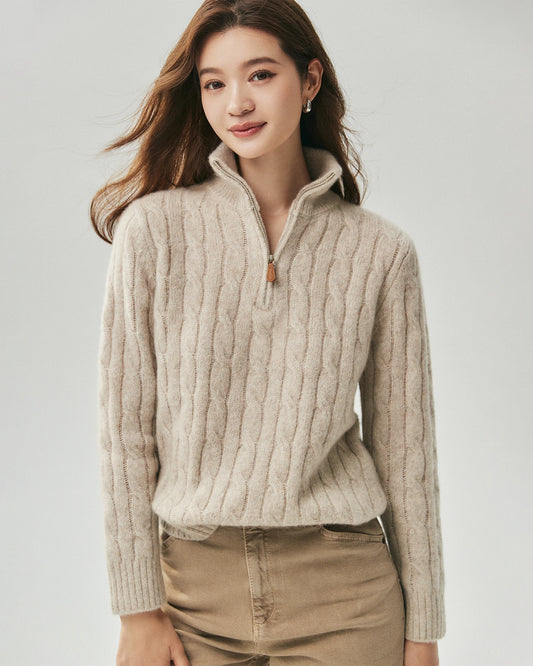 Cashmere Silk Cable Knit Half Zip Sweater