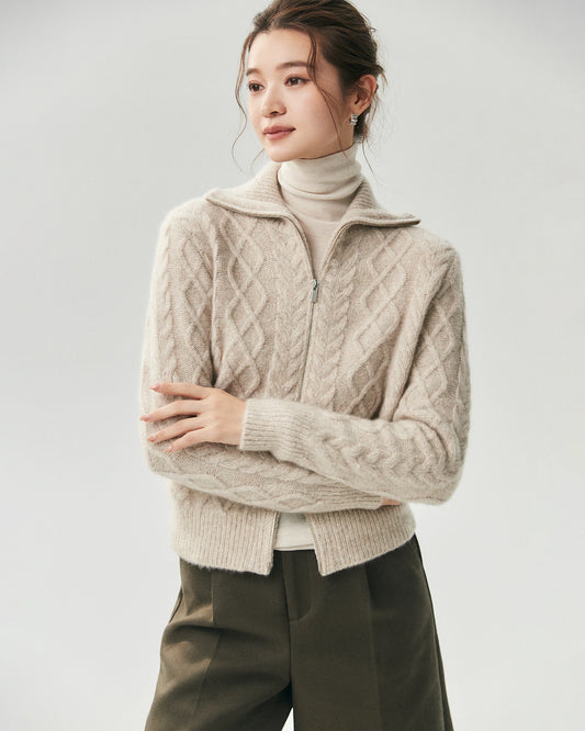 Cashmere Silk Diamond Cable Double Zip Cardigan
