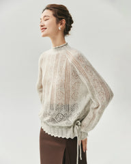 Cashmere Silk Open Knit Mock Neck Sweater
