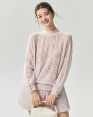 Cashmere Silk Open Knit Mock Neck Sweater
