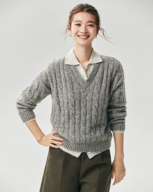 Cashmere Silk Relaxed V-Neck Cable Knit Sweater