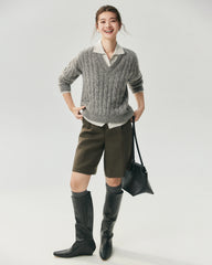 Cashmere Silk Relaxed V-Neck Cable Knit Sweater
