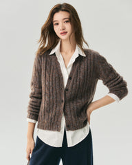 Cashmere Silk V-Neck Cable Knit Marled Cardigan