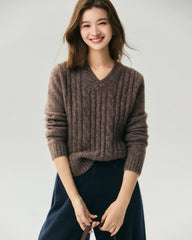 Cashmere Silk V-Neck Cable Knit Marled Sweater