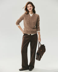 Cashmere Silk V-Neck Cable Knit Marled Sweater
