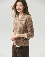 Cashmere Silk V-Neck Cable Knit Marled Sweater