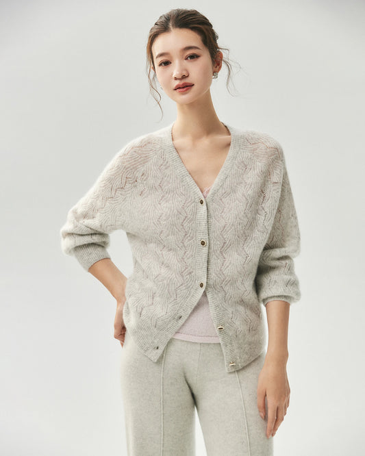 Cashmere Silk V-Neck Pointelle Cardigan