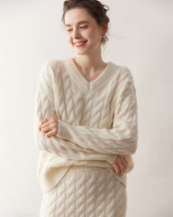 Cashmere Wool Cable Knit Sweater and Skirt Set