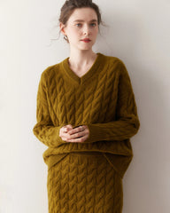 Cashmere Wool Cable Knit Sweater and Skirt Set