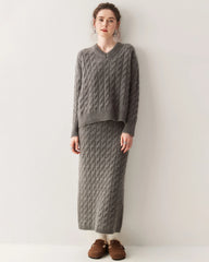Cashmere Wool Cable Knit Sweater and Skirt Set