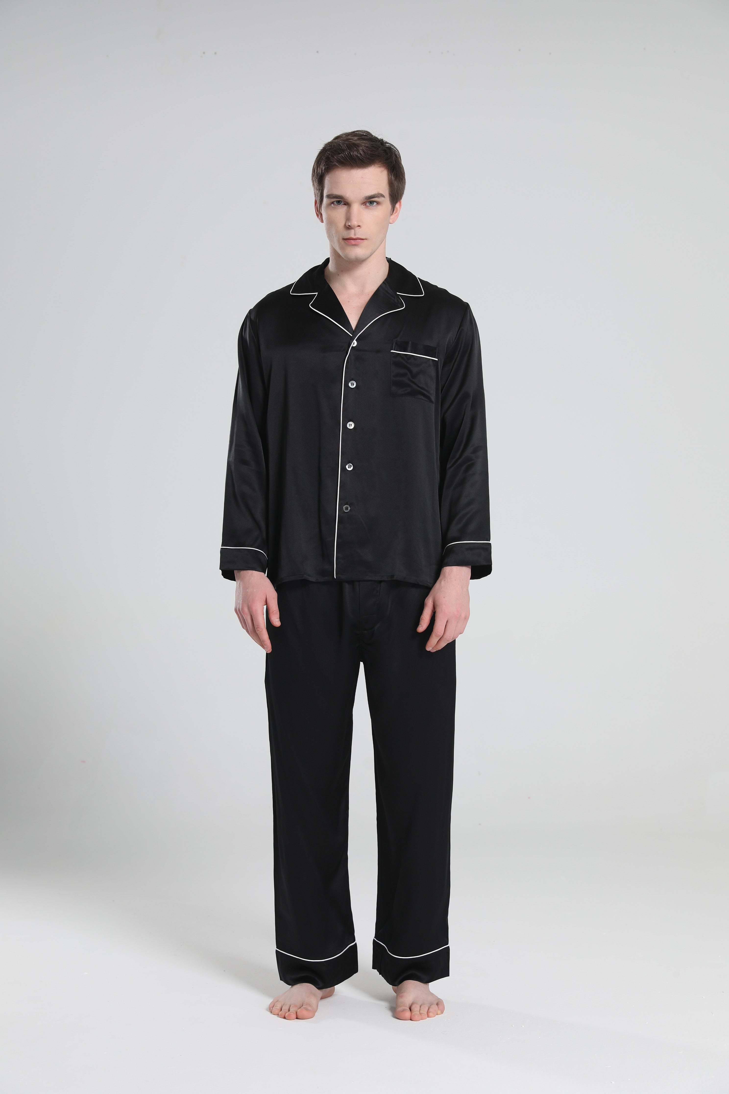 Casual Lapel Collar Silk Pajamas Set for Men Black