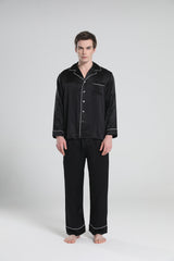 Casual Lapel Collar Silk Pajamas Set for Men Black