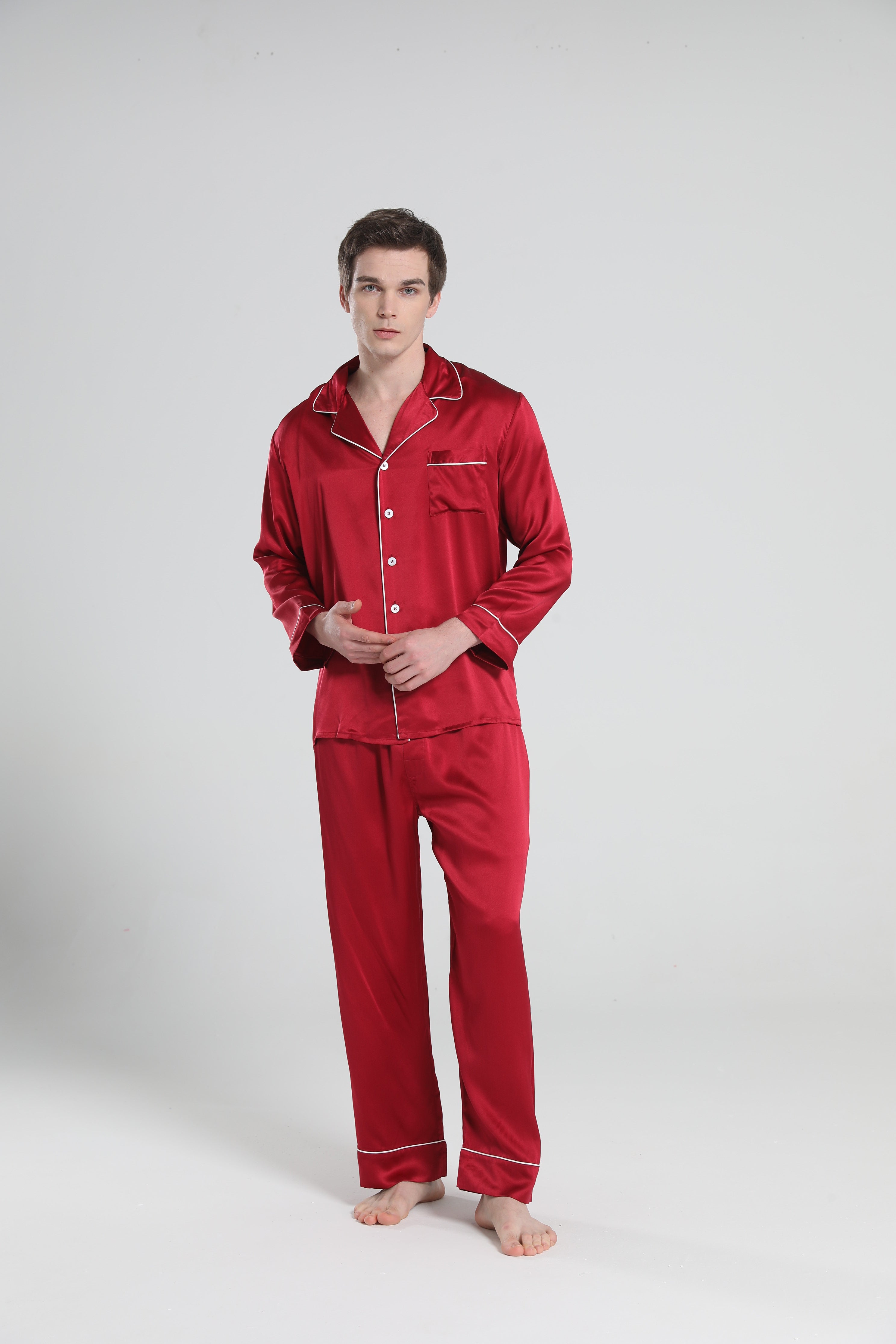 Casual Lapel Collar Silk Pajamas Set for Men Burgundy