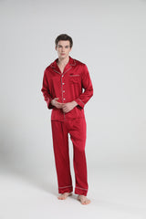 Casual Lapel Collar Silk Pajamas Set for Men Burgundy