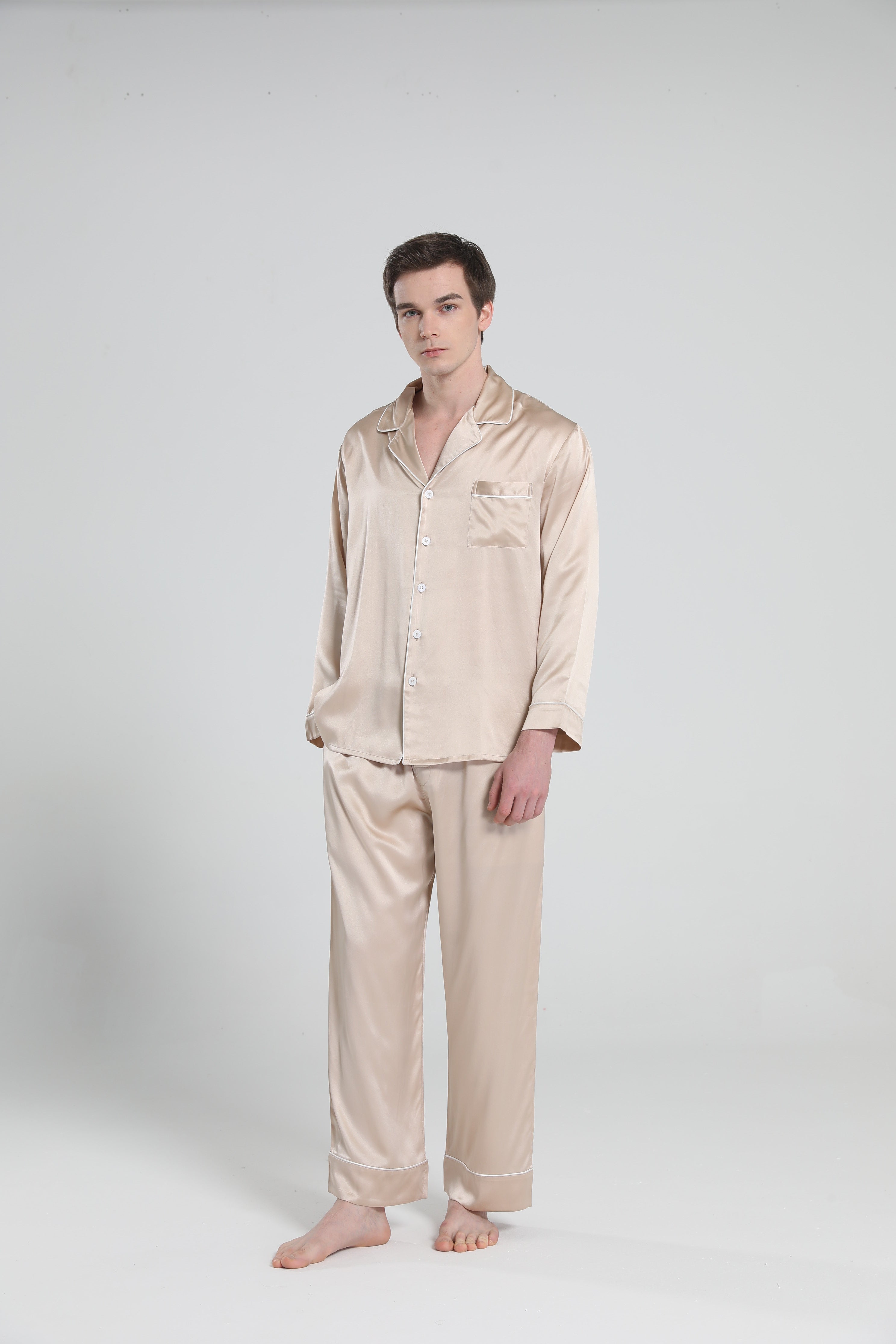 Casual Lapel Collar Silk Pajamas Set for Men Champagne