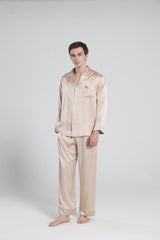 Casual Lapel Collar Silk Pajamas Set for Men Champagne