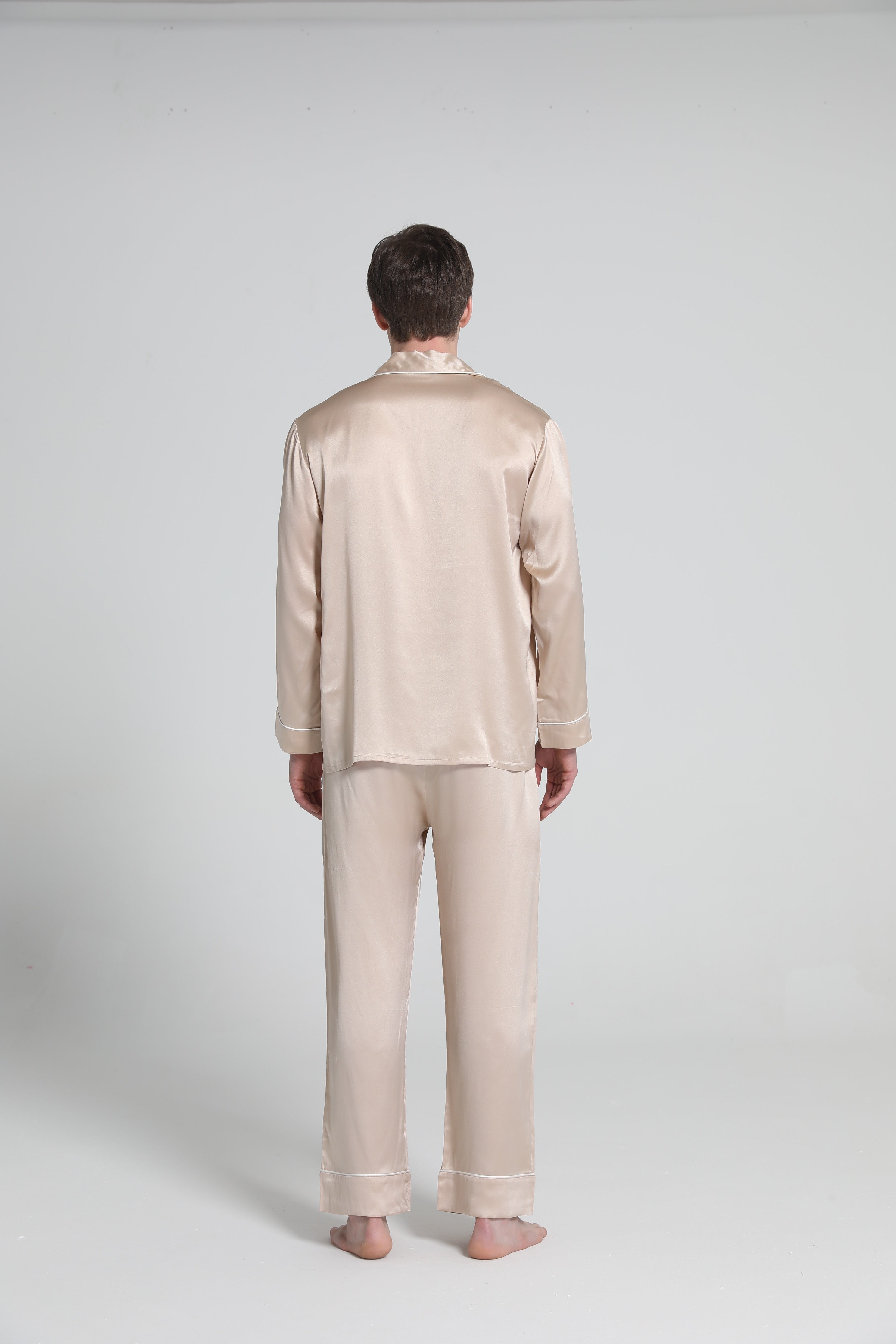 Casual Lapel Collar Silk Pajamas Set for Men Champagne