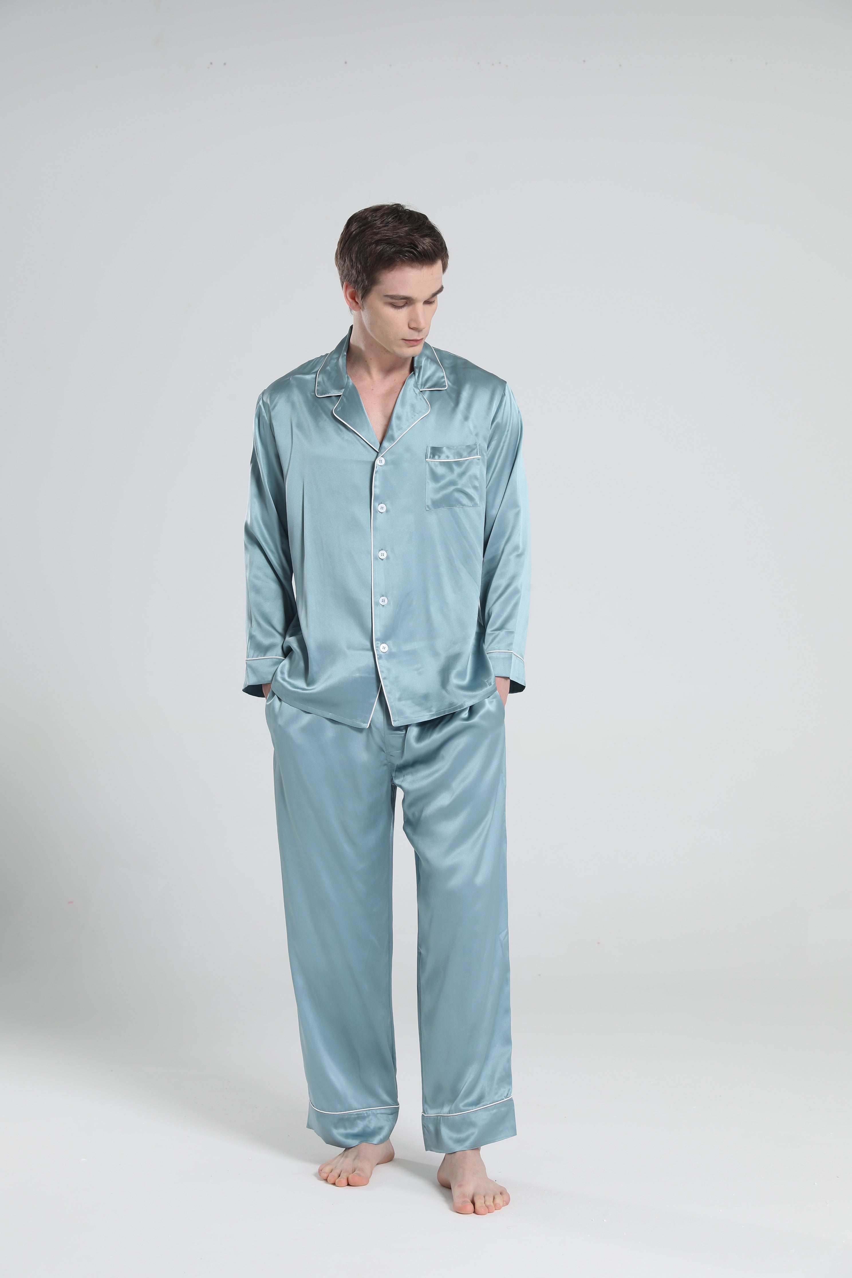 Casual Lapel Collar Silk Pajamas Set for Men Haze Blue