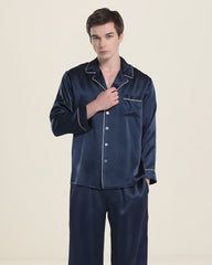Casual Lapel Collar Silk Pajamas Set for Men Navy