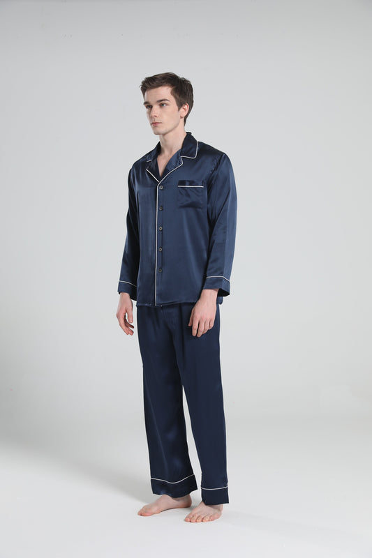 Casual Lapel Collar Silk Pajamas Set for Men Navy