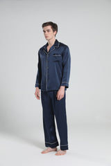 Casual Lapel Collar Silk Pajamas Set for Men Navy