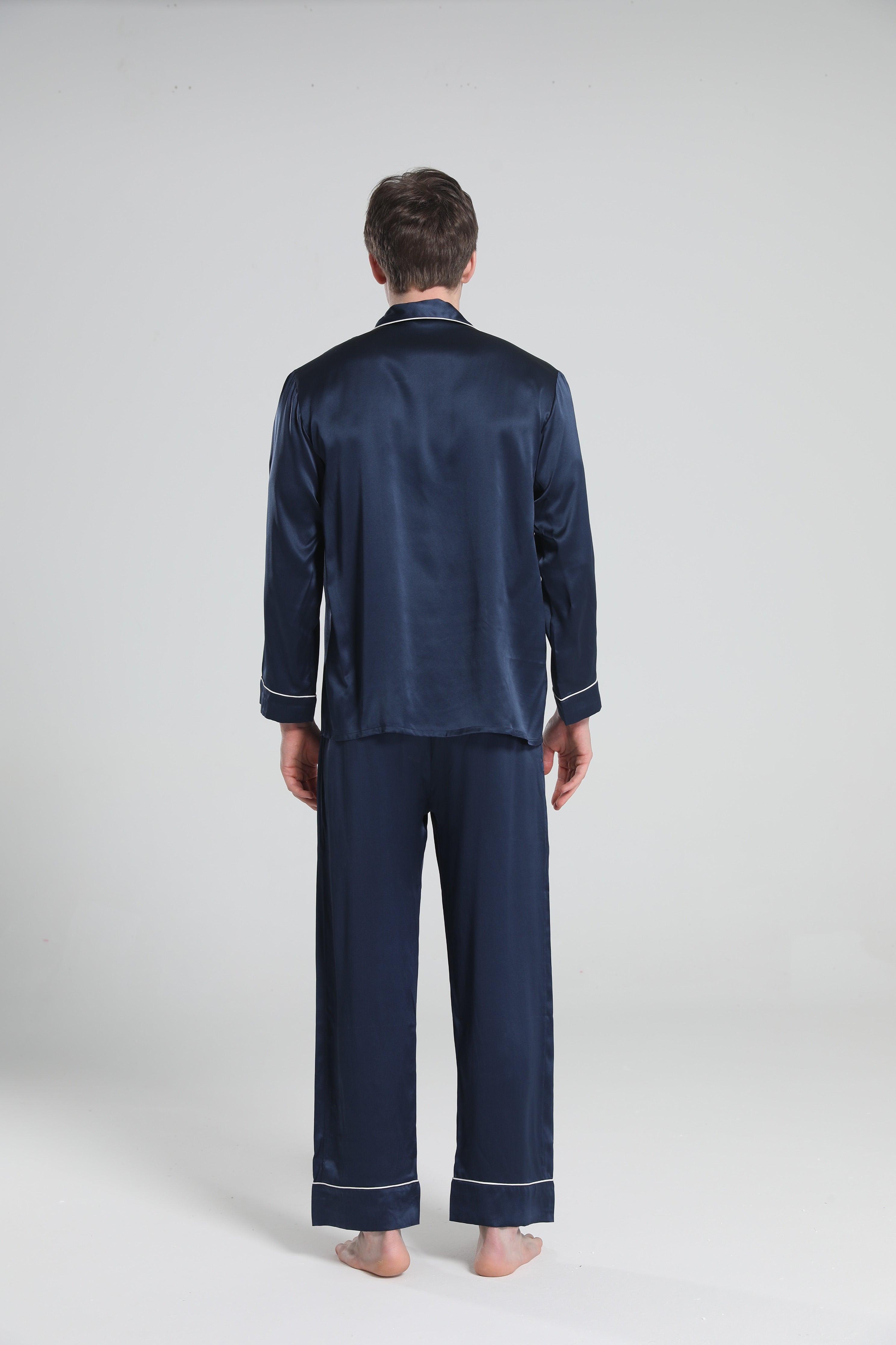 Casual Lapel Collar Silk Pajamas Set for Men Navy