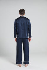 Casual Lapel Collar Silk Pajamas Set for Men Navy