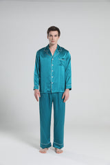 Casual Lapel Collar Silk Pajamas Set for Men Peacock Blue
