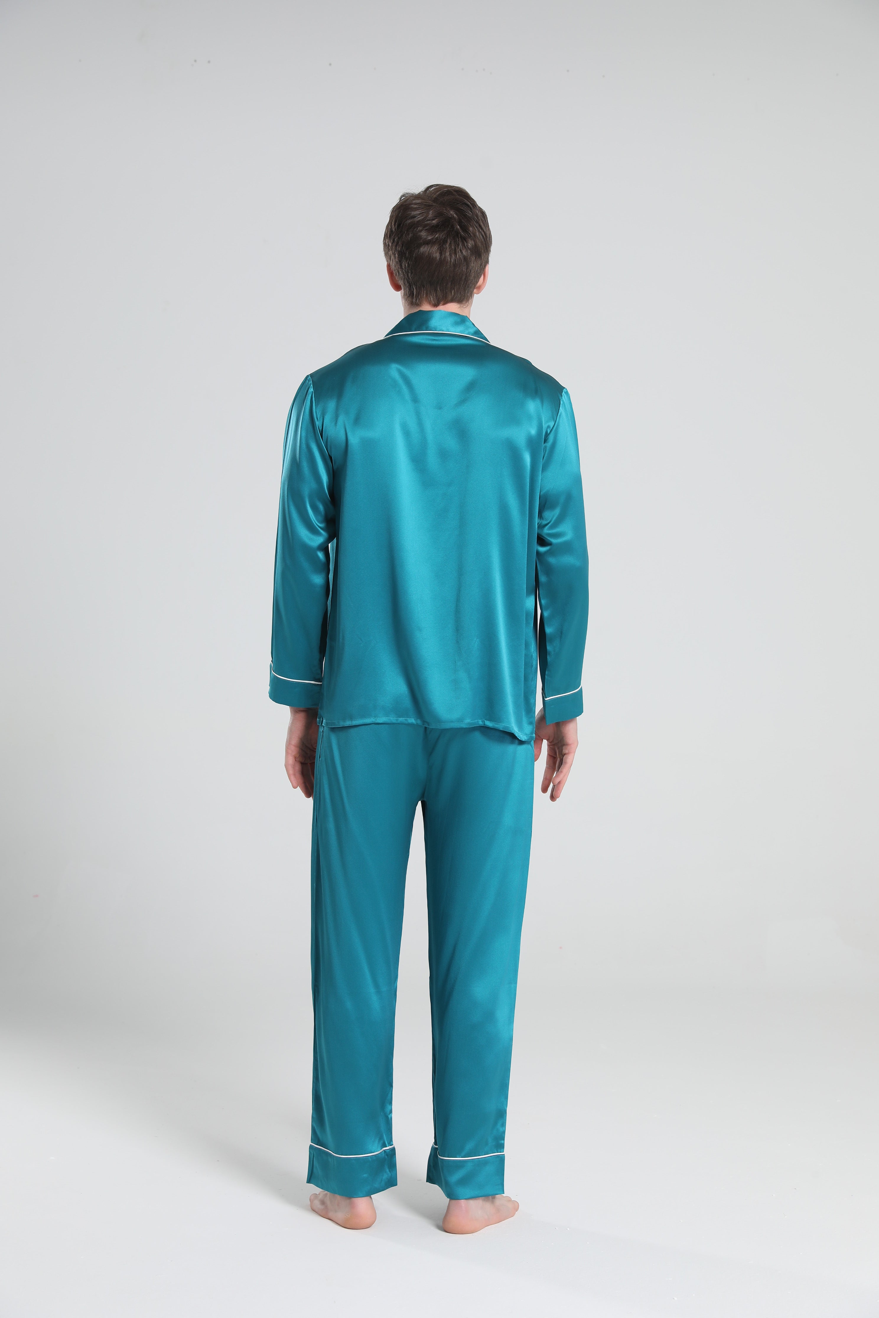 Casual Lapel Collar Silk Pajamas Set for Men Peacock Blue